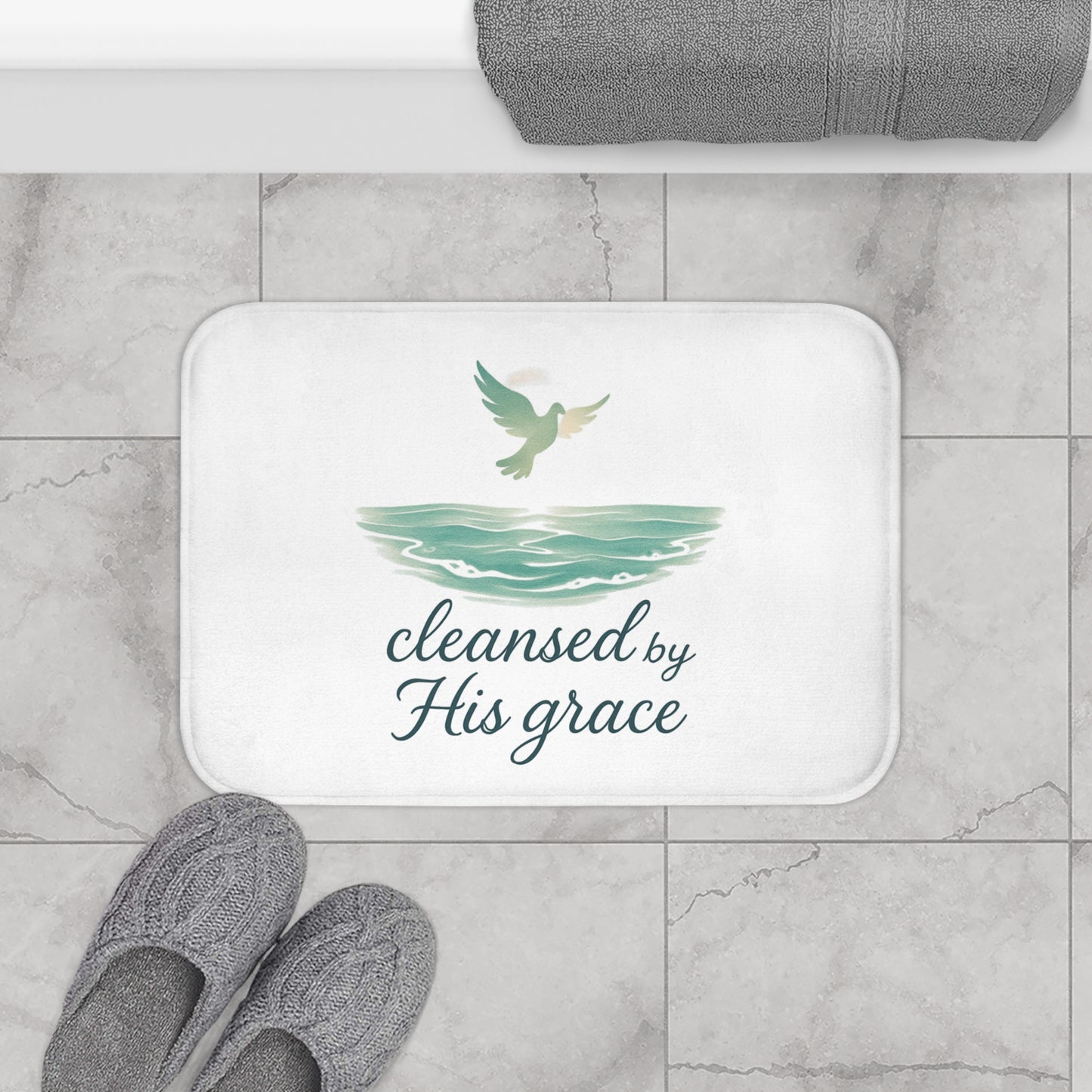 Spiritual Bath Mat with Inspirational Quote, Cleansed by His Grace, Faith Home Decor, Bathroom Accessory, Relaxing Gift