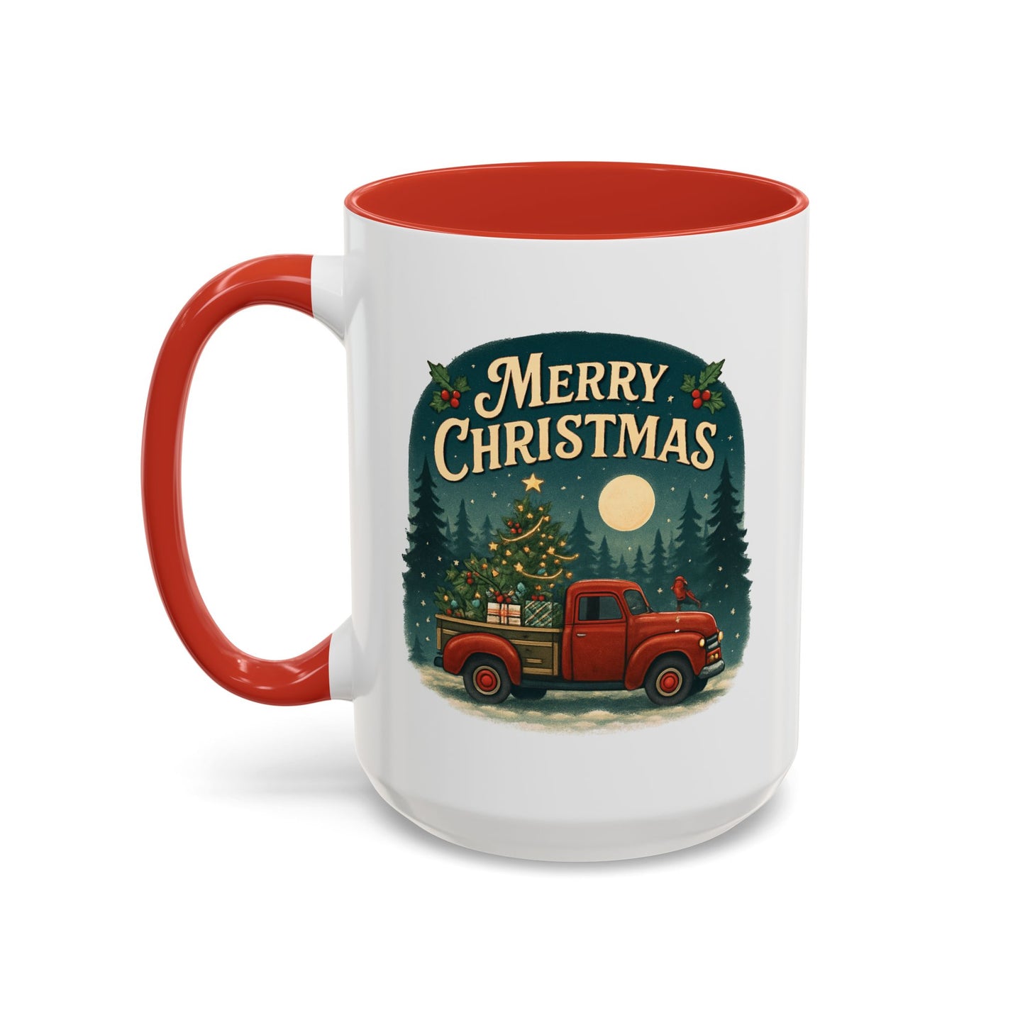 Mug - "Merry Christmas" Red Truck Design Accent Coffee Mug (11, 15oz)