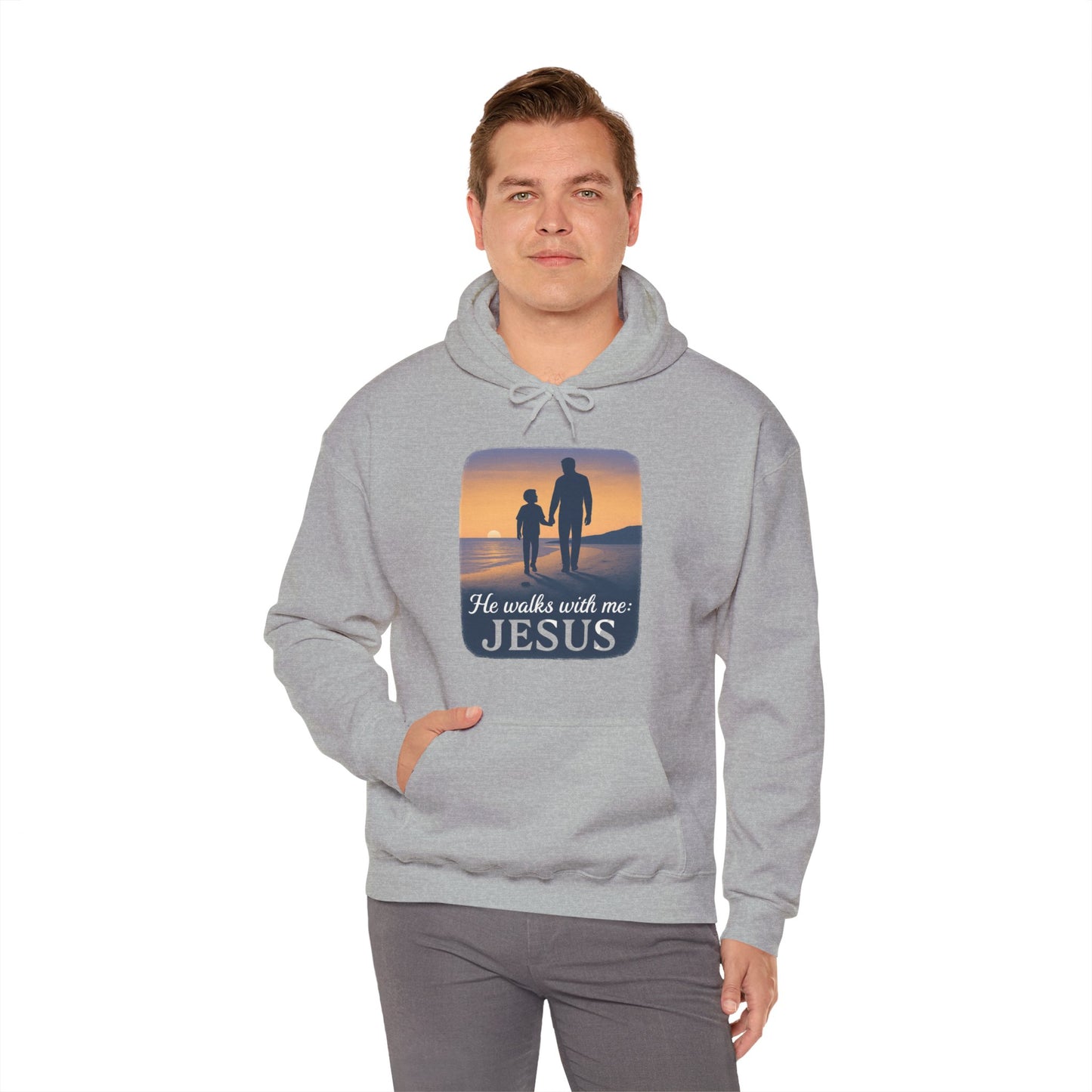 He Walks With Me Hooded Sweatshirt, Comfort Wear, Faith Apparel, Inspirational Clothing