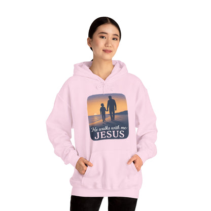 He Walks With Me Hooded Sweatshirt, Comfort Wear, Faith Apparel, Inspirational Clothing