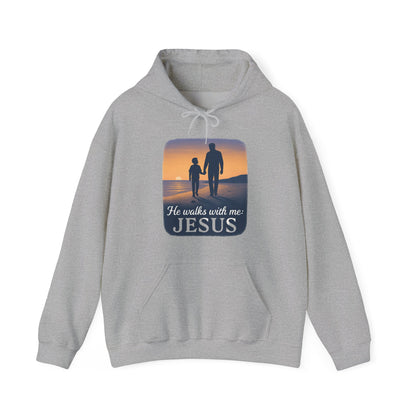 He Walks With Me Hooded Sweatshirt, Comfort Wear, Faith Apparel, Inspirational Clothing