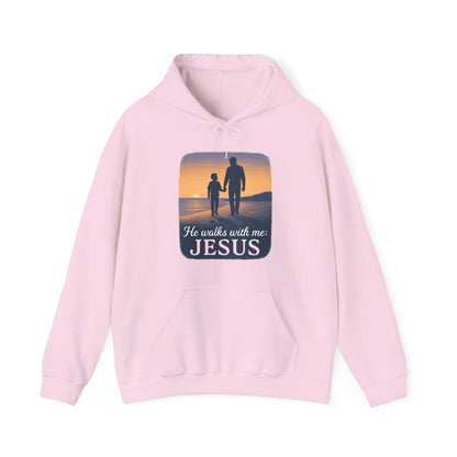 He Walks With Me Hooded Sweatshirt, Comfort Wear, Faith Apparel, Inspirational Clothing