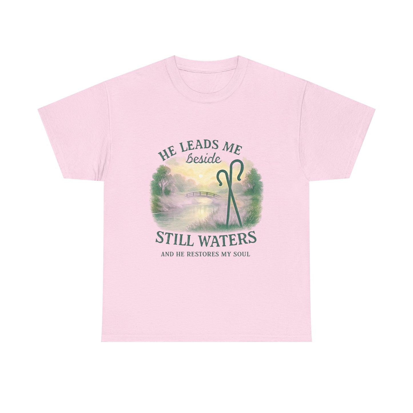 "He Leads Me Beside Still Waters", Faith-Based Tee, Christian Apparel, Inspirational Shirt, Relaxed Fit T-Shirt