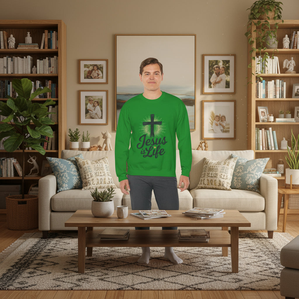Man wearing a green 'Jesus is Life' sweatshirt shirt in a living room setting

