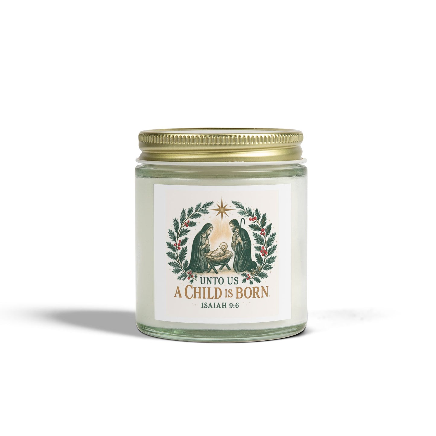 "A Child is Born" Christmas Scented Candles, Coconut Apricot Wax (4oz, 9oz)