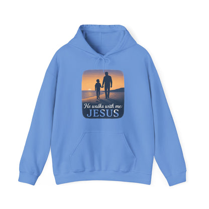 He Walks With Me Hooded Sweatshirt, Comfort Wear, Faith Apparel, Inspirational Clothing