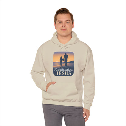 He Walks With Me Hooded Sweatshirt, Comfort Wear, Faith Apparel, Inspirational Clothing