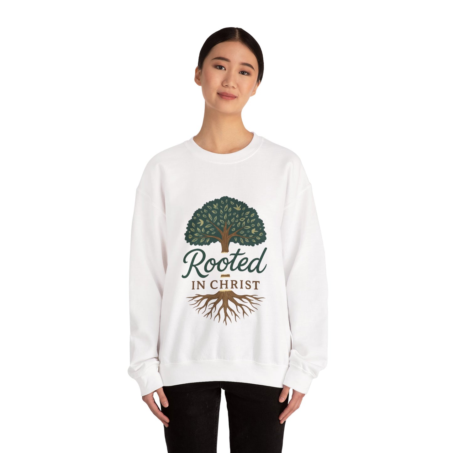 "Rooted in Christ" - Faith-Inspired Crewneck Sweatshirt - Cozy Gift for Christians, Perfect for Church