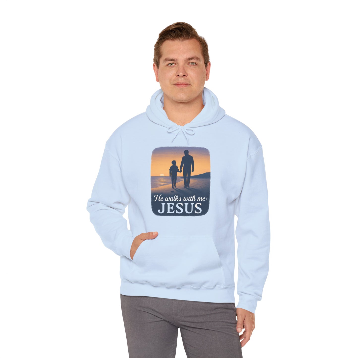 He Walks With Me Hooded Sweatshirt, Comfort Wear, Faith Apparel, Inspirational Clothing
