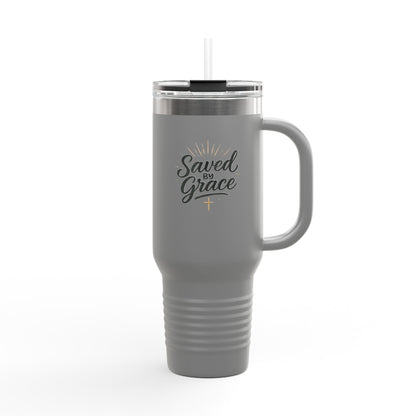 "Saved by Grace" Insulated Travel Mug | 40oz Tumbler for Coffee, Tea, Water, Gifts for Religious Occasions, Christening, Inspirational