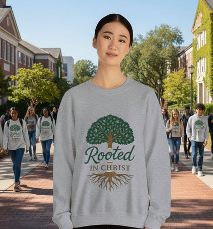 "Rooted in Christ" - Faith-Inspired Crewneck Sweatshirt - Cozy Gift for Christians, Perfect for Church