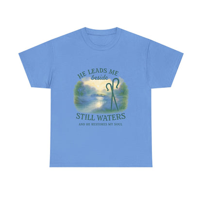 "He Leads Me Beside Still Waters", Faith-Based Tee, Christian Apparel, Inspirational Shirt, Relaxed Fit T-Shirt