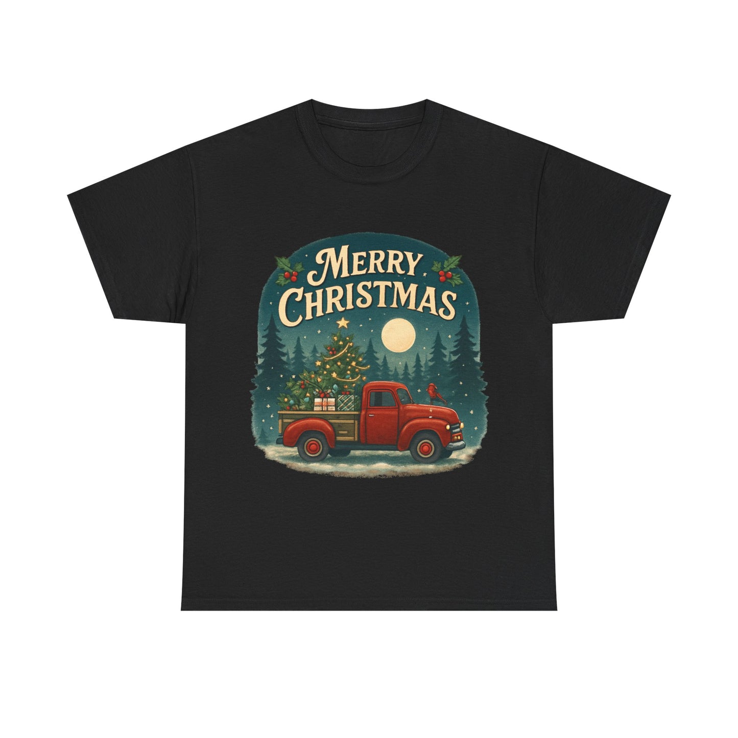 Vintage Merry Christmas Tee with Red Truck Design
