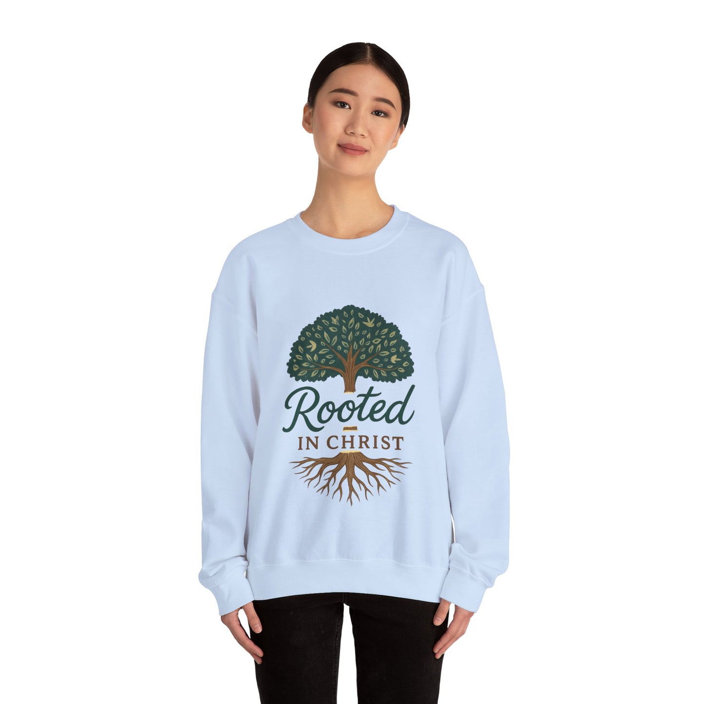 "Rooted in Christ" - Faith-Inspired Crewneck Sweatshirt - Cozy Gift for Christians, Perfect for Church