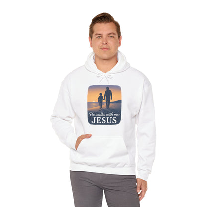 He Walks With Me Hooded Sweatshirt, Comfort Wear, Faith Apparel, Inspirational Clothing
