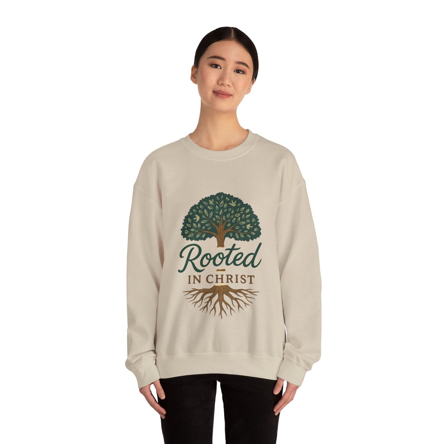 "Rooted in Christ" - Faith-Inspired Crewneck Sweatshirt - Cozy Gift for Christians, Perfect for Church
