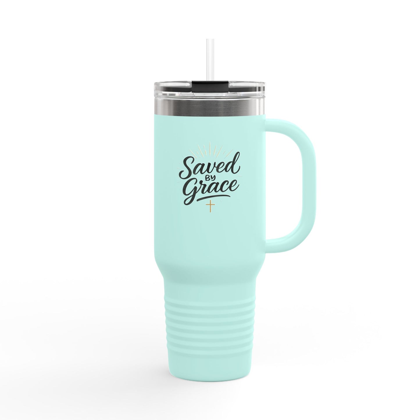 "Saved by Grace" Insulated Travel Mug | 40oz Tumbler for Coffee, Tea, Water, Gifts for Religious Occasions, Christening, Inspirational