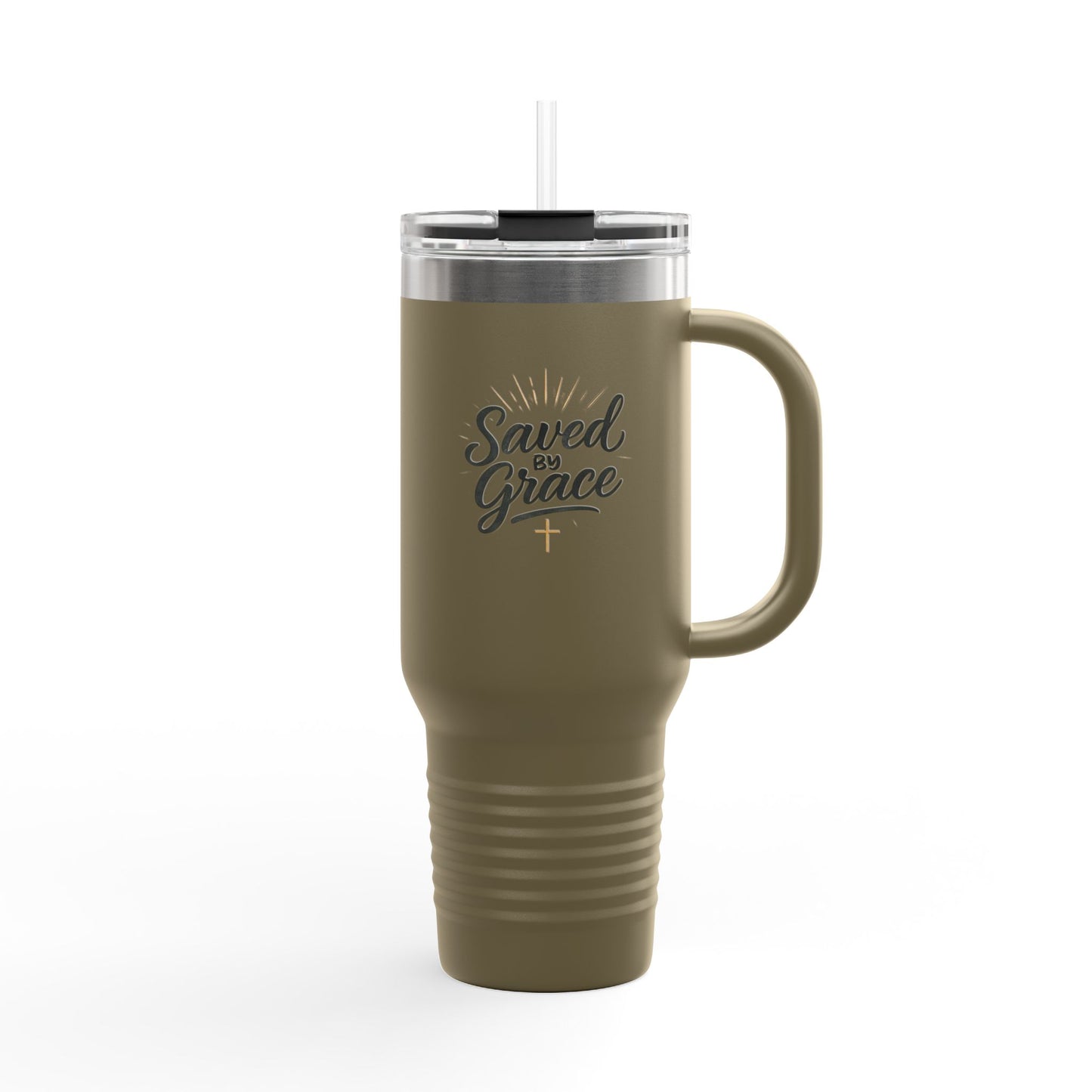 "Saved by Grace" Insulated Travel Mug | 40oz Tumbler for Coffee, Tea, Water, Gifts for Religious Occasions, Christening, Inspirational