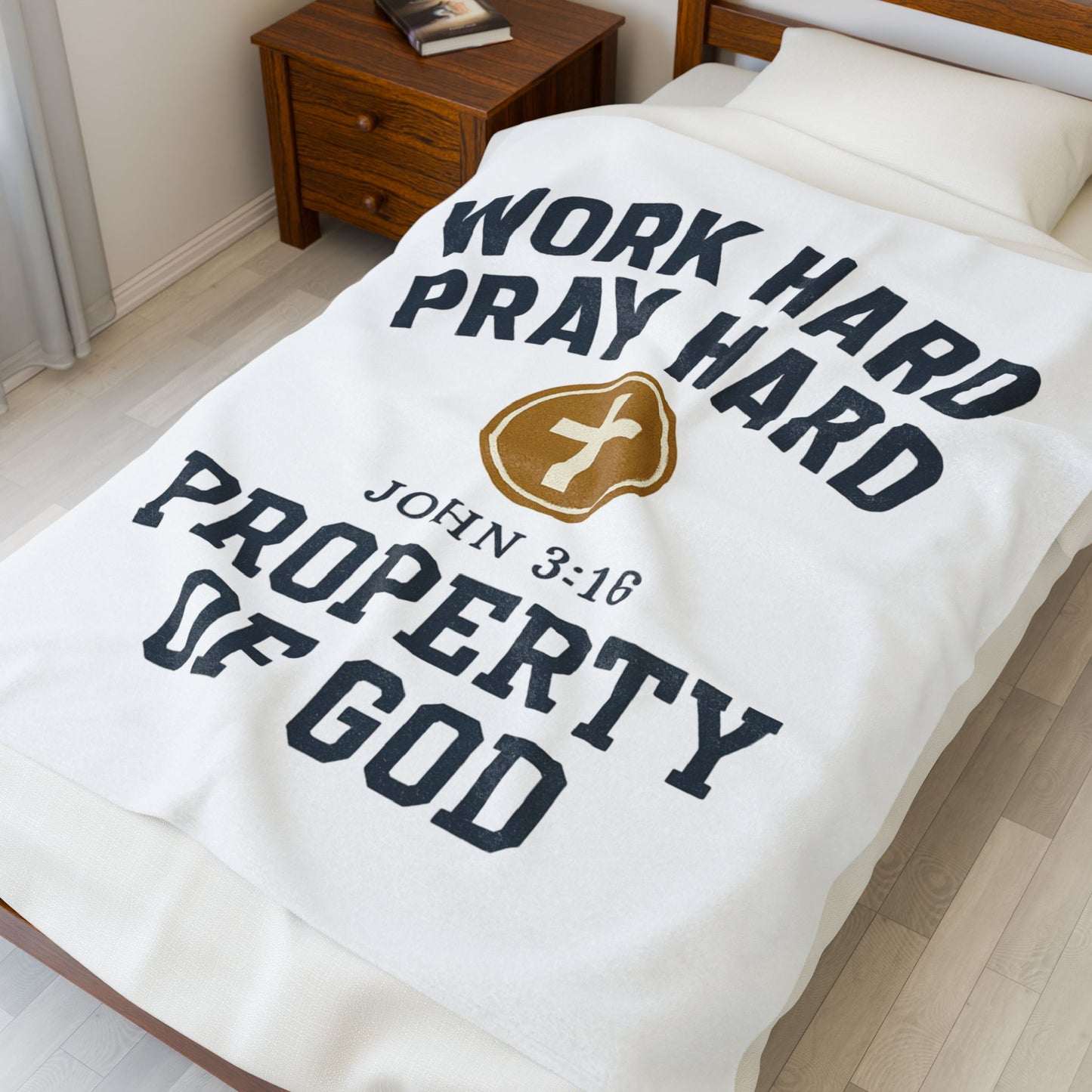 Christian Inspirational Velveteen Plush Blanket - "Work Hard Pray Hard"