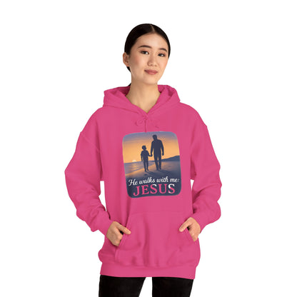 He Walks With Me Hooded Sweatshirt, Comfort Wear, Faith Apparel, Inspirational Clothing