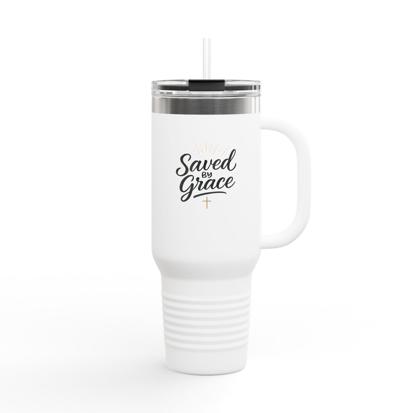 "Saved by Grace" Insulated Travel Mug | 40oz Tumbler for Coffee, Tea, Water, Gifts for Religious Occasions, Christening, Inspirational