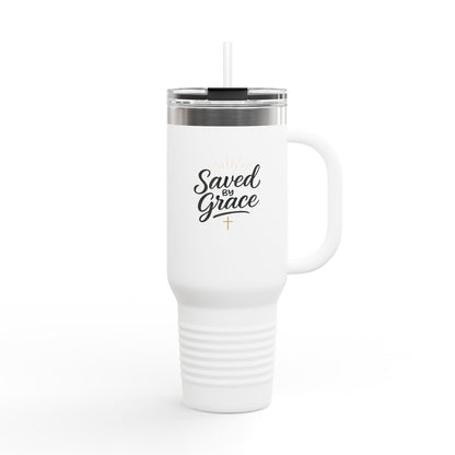 "Saved by Grace" Insulated Travel Mug | 40oz Tumbler for Coffee, Tea, Water, Gifts for Religious Occasions, Christening, Inspirational