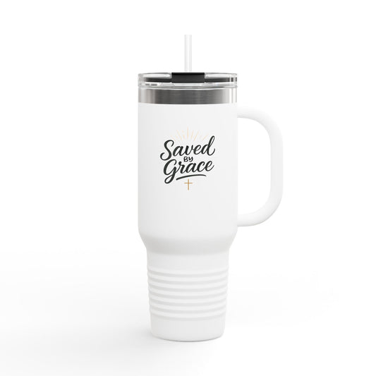 "Saved by Grace" Insulated Travel Mug | 40oz Tumbler for Coffee, Tea, Water, Gifts for Religious Occasions, Christening, Inspirational