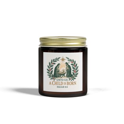 "A Child is Born" Christmas Scented Candles, Coconut Apricot Wax (4oz, 9oz)