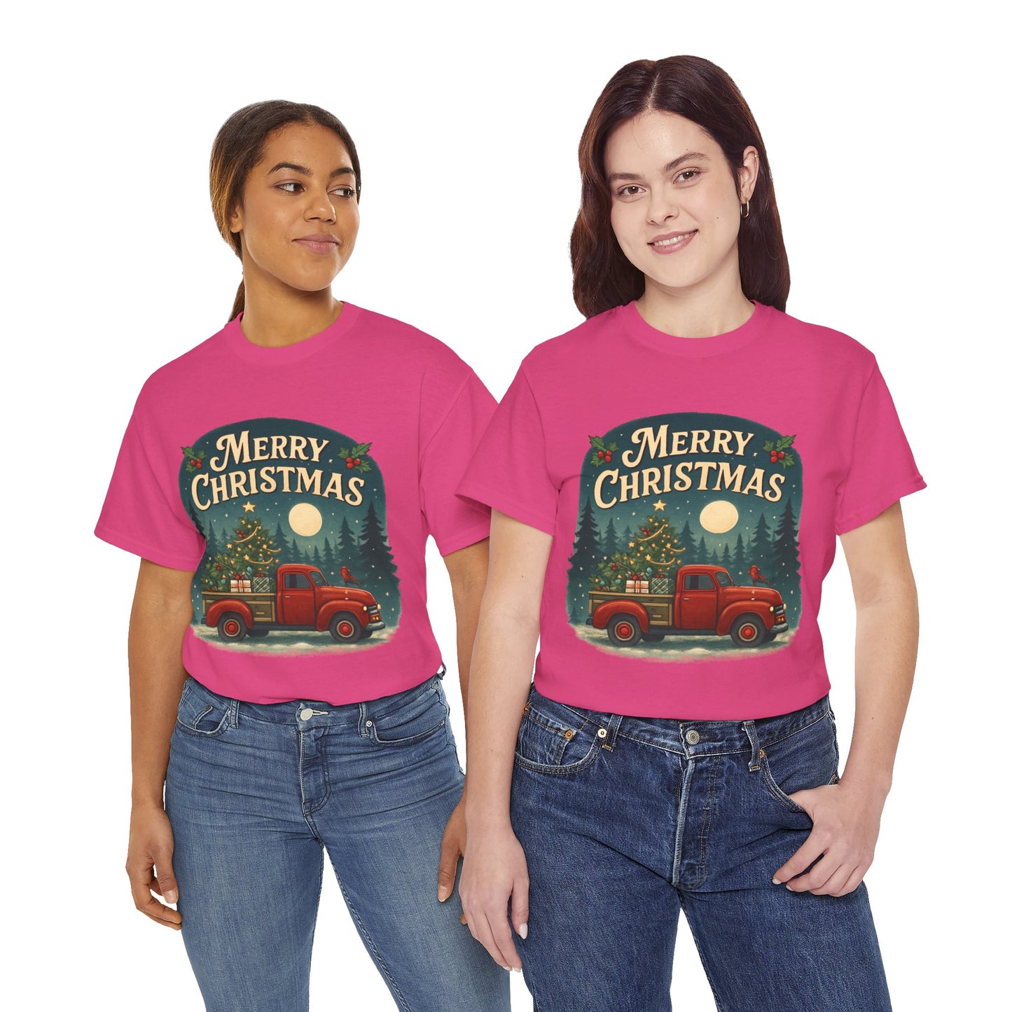 Vintage Merry Christmas Tee with Red Truck Design