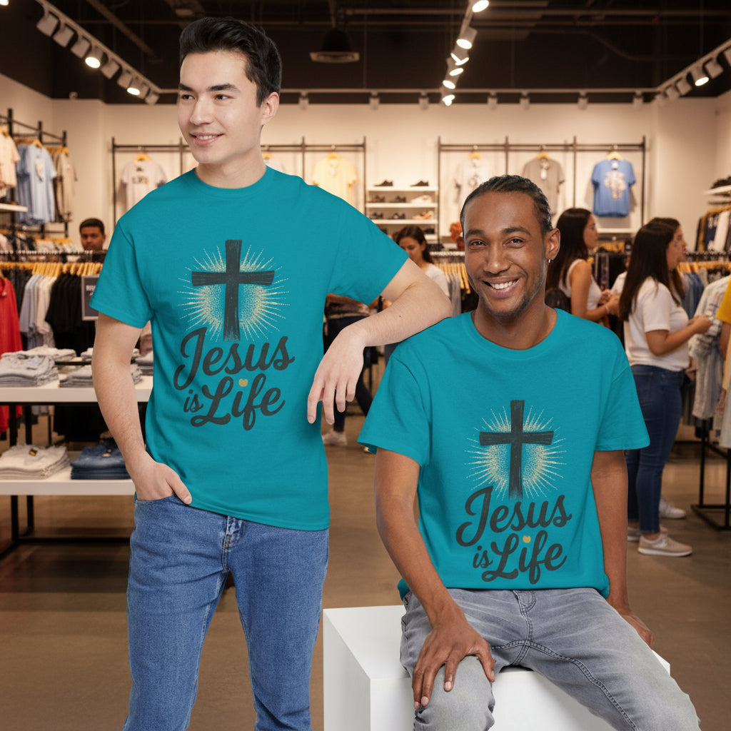 Two men wearing turquoise t-shirts with 'Jesus is Life' design on a white background

