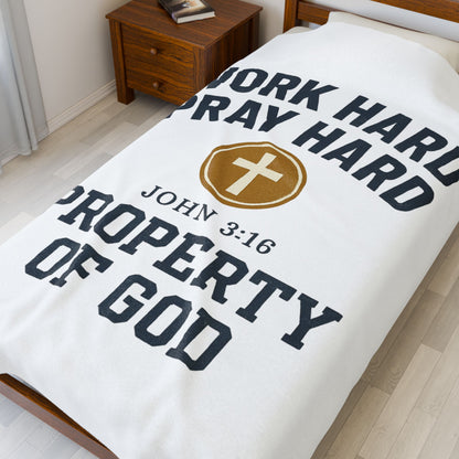 Christian Inspirational Velveteen Plush Blanket - "Work Hard Pray Hard"